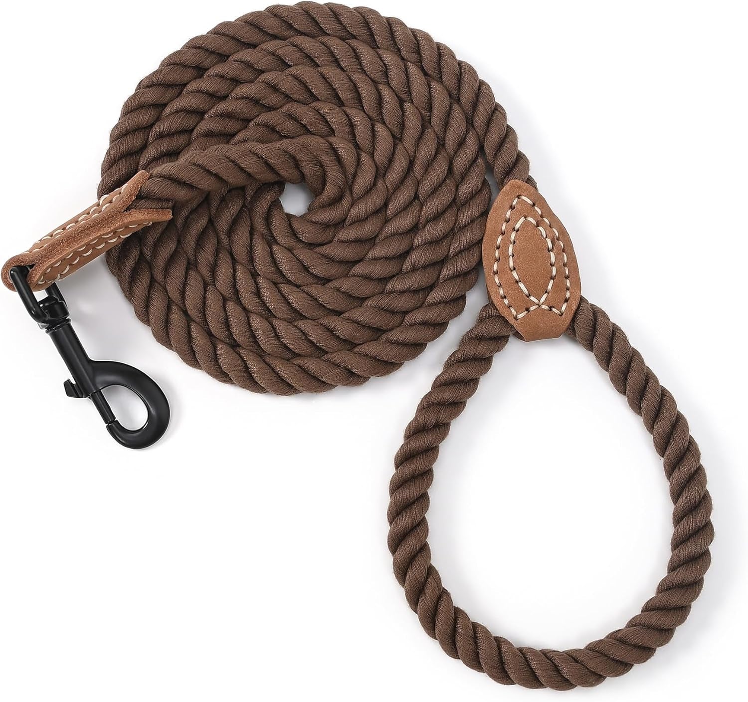 Dog Leash, Braided Cotton Rope Leashes with Leather Tip - Heavy Duty Metal Clasp, 4FT, 1/2" Thick- Dark Brown