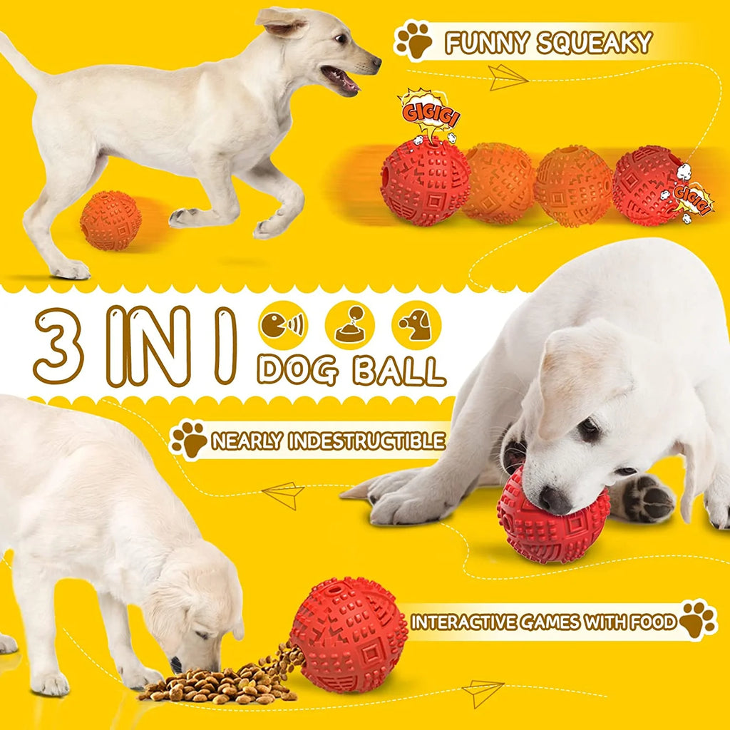 Treat Dispensing Dog Ball Toy – Tough Squeaky Puzzle Chew Toy for Aggressive Chewers | Durable Natural Rubber IQ Toy for Large Dogs