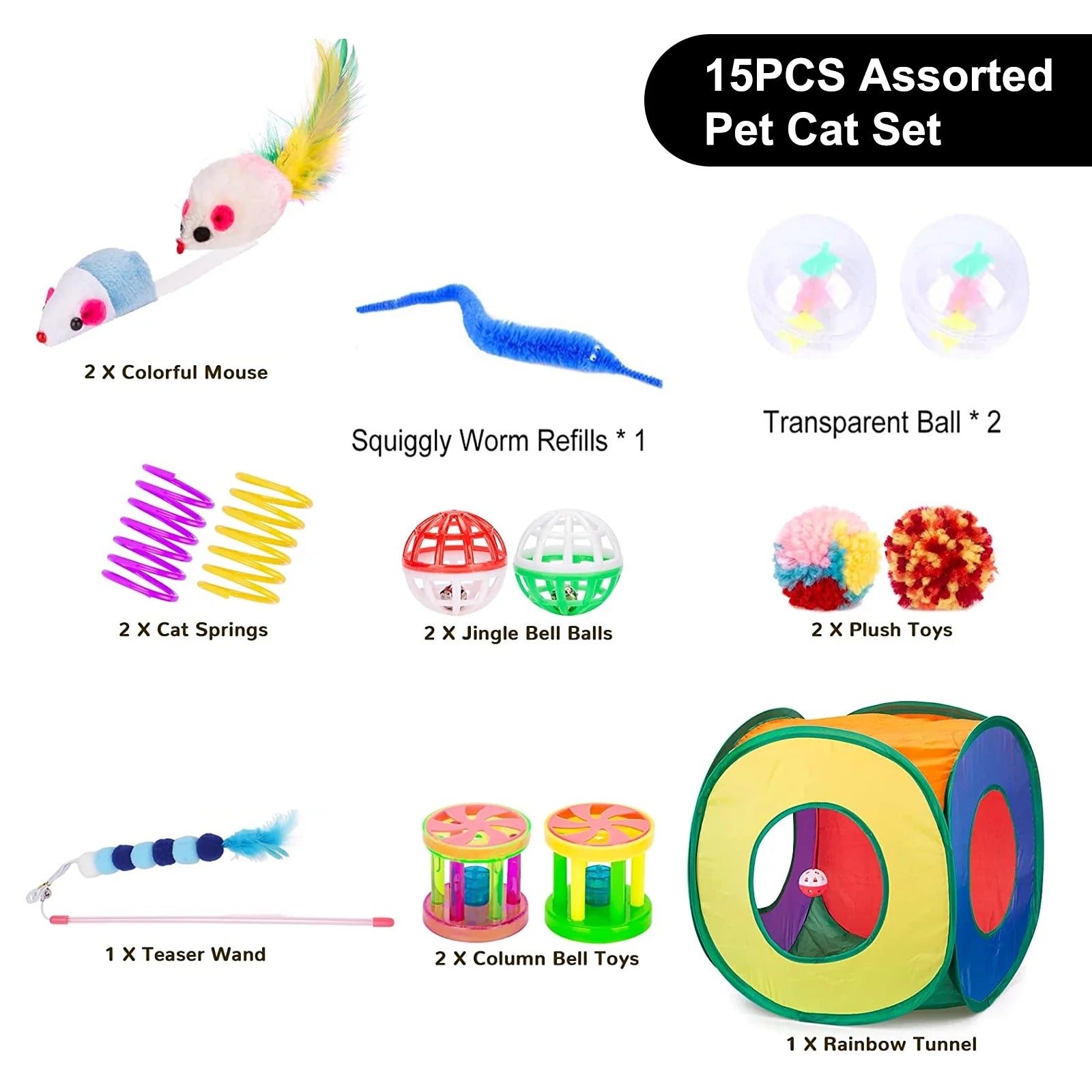 15PCS Cat Toys Kitten Toys Combination Tunnel Interactive Cat Toys- Stick Colorful Mouse Plush Ball 