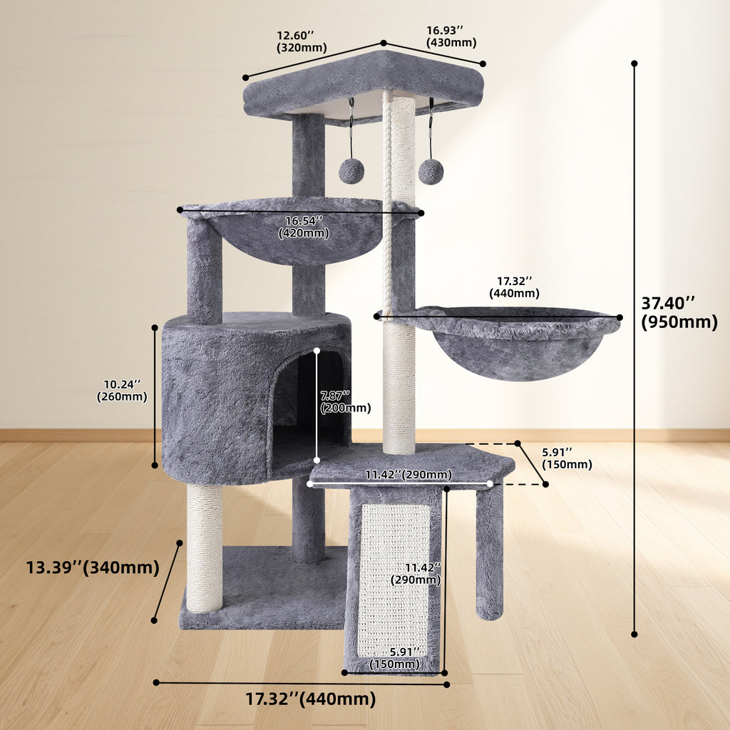 Cat Activity Tower with Condo, Climbing Platforms & Two Hammocks – 37.4 Inch Gray