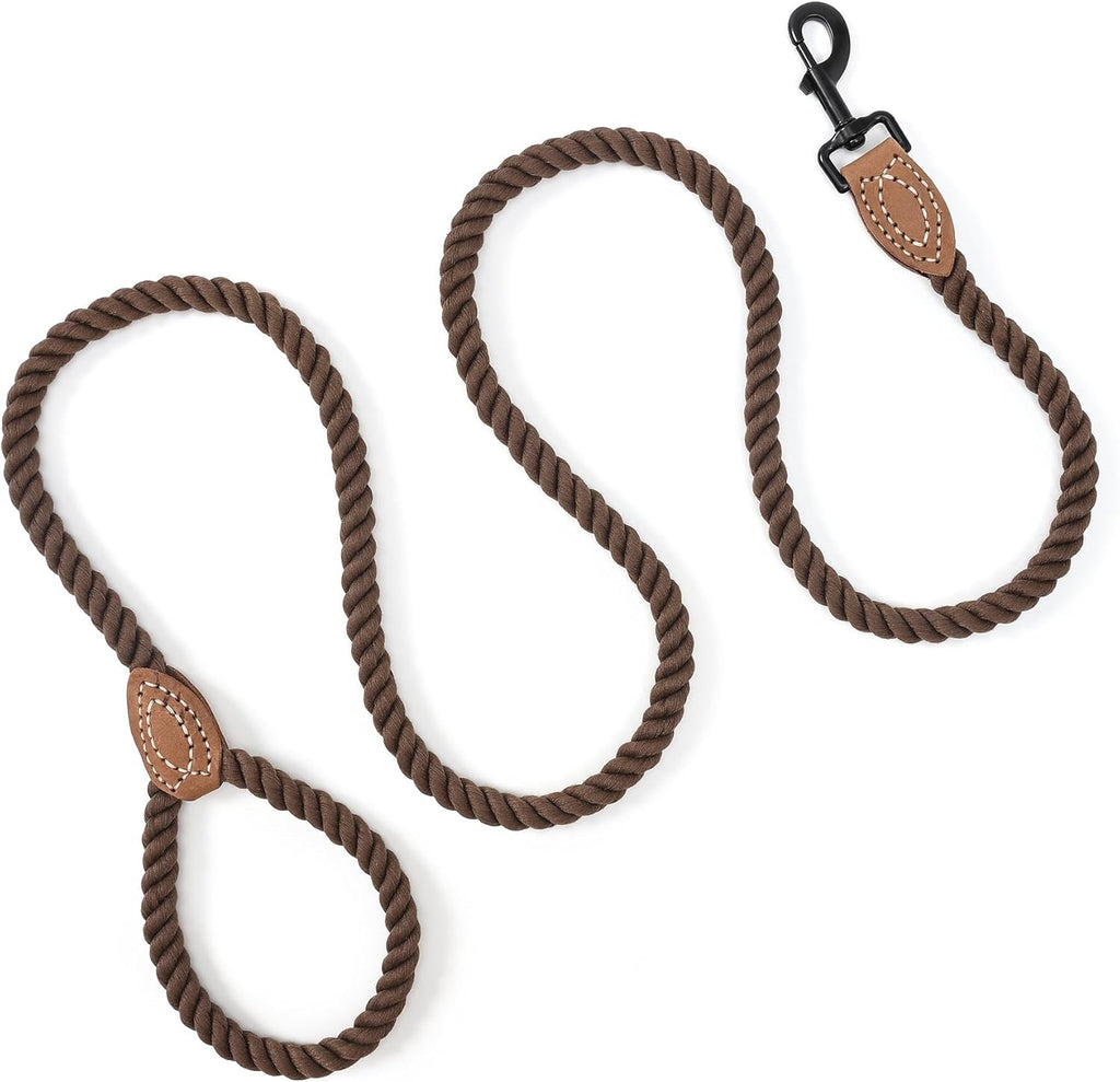 Dog Leash, Braided Cotton Rope Leashes with Leather Tip - Heavy Duty Metal Clasp, 4FT, 1/2" Thick- Dark Brown
