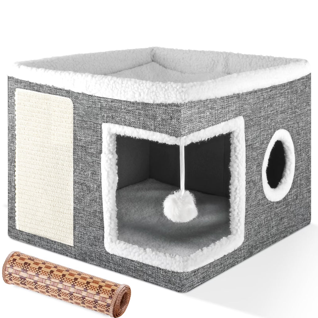 Cat Cube for Indoor Cats with Cooling Mat & Storage Pocket, Foldable Cat House Condo with Scratch Pad and Hanging Ball, Grey