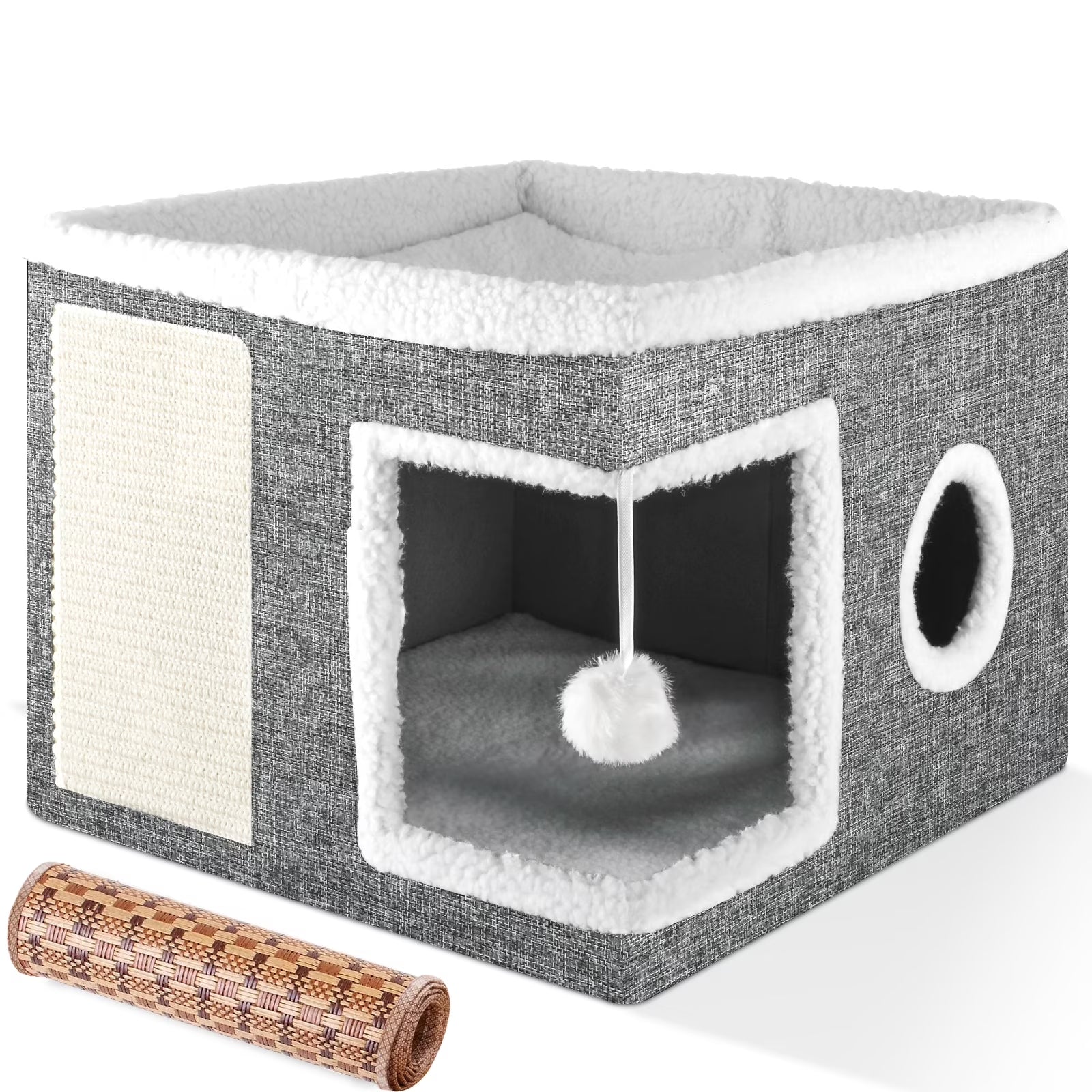 Cat Cube for Indoor Cats with Cooling Mat & Storage Pocket, Foldable Cat House Condo with Scratch Pad and Hanging Ball, Grey
