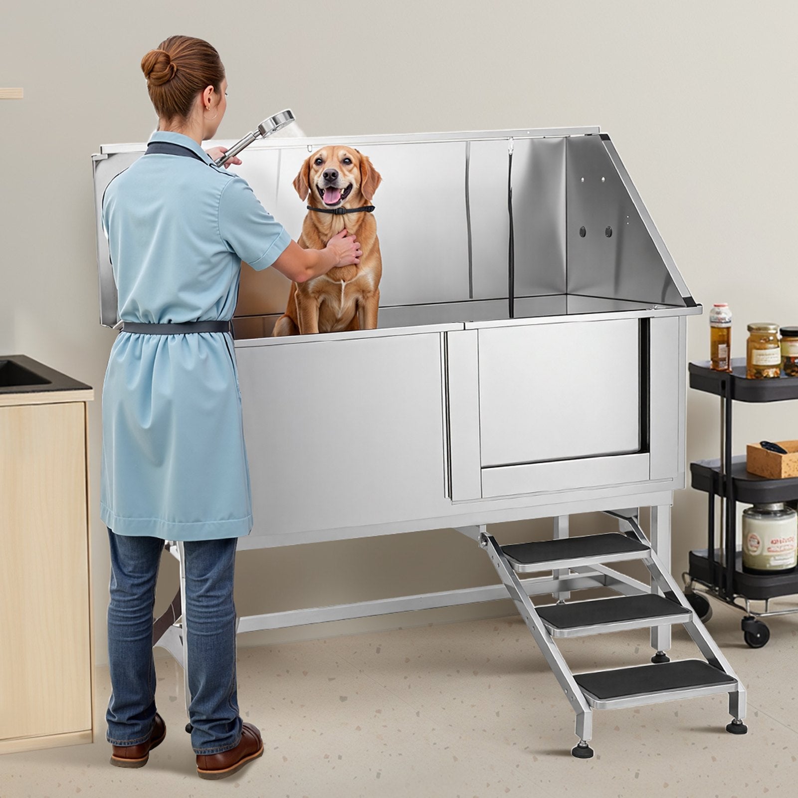 62 Inch Dog Grooming Bath Tub Stainless Steel W Stairs Water Filter