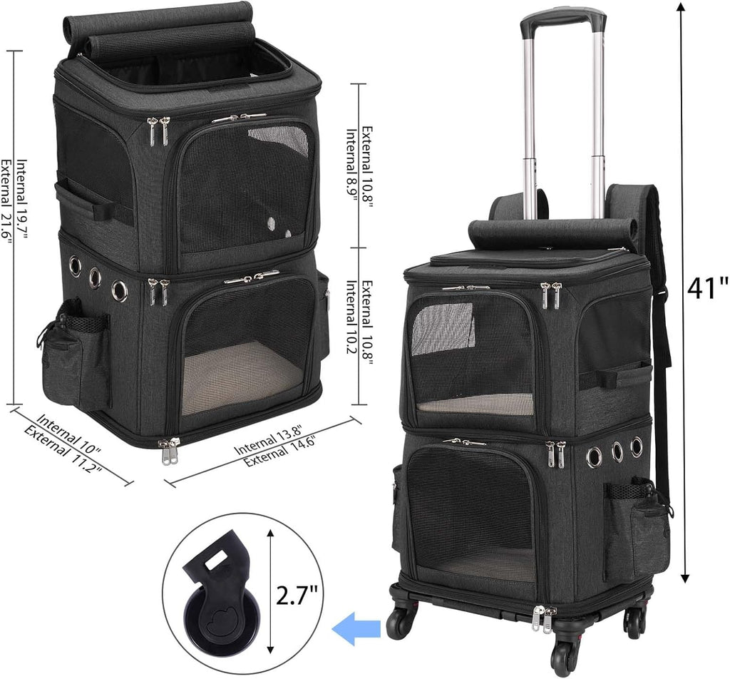 2-in-1 Rolling Pet Carrier Backpack – Double-Compartment Travel Carrier for Cats & Small Dogs