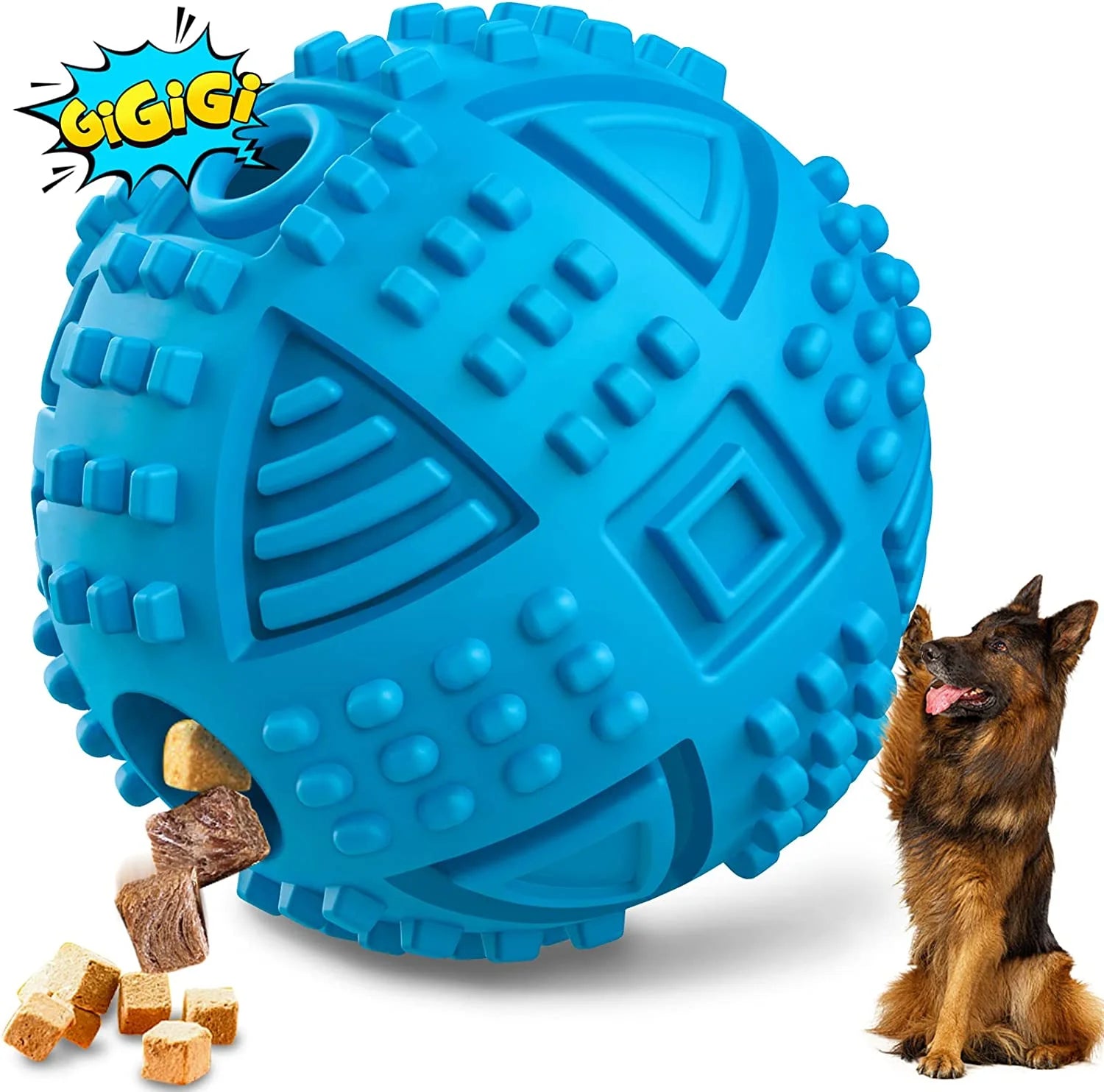 Treat Dispensing Dog Ball Toy – Tough Squeaky Puzzle Chew Toy for Aggressive Chewers | Durable Natural Rubber IQ Toy for Large Dogs