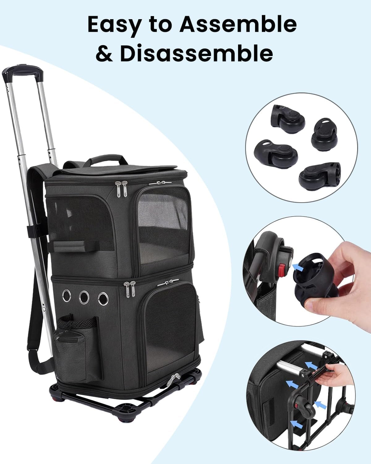 2-in-1 Rolling Pet Carrier Backpack – Double-Compartment Travel Carrier for Cats & Small Dogs