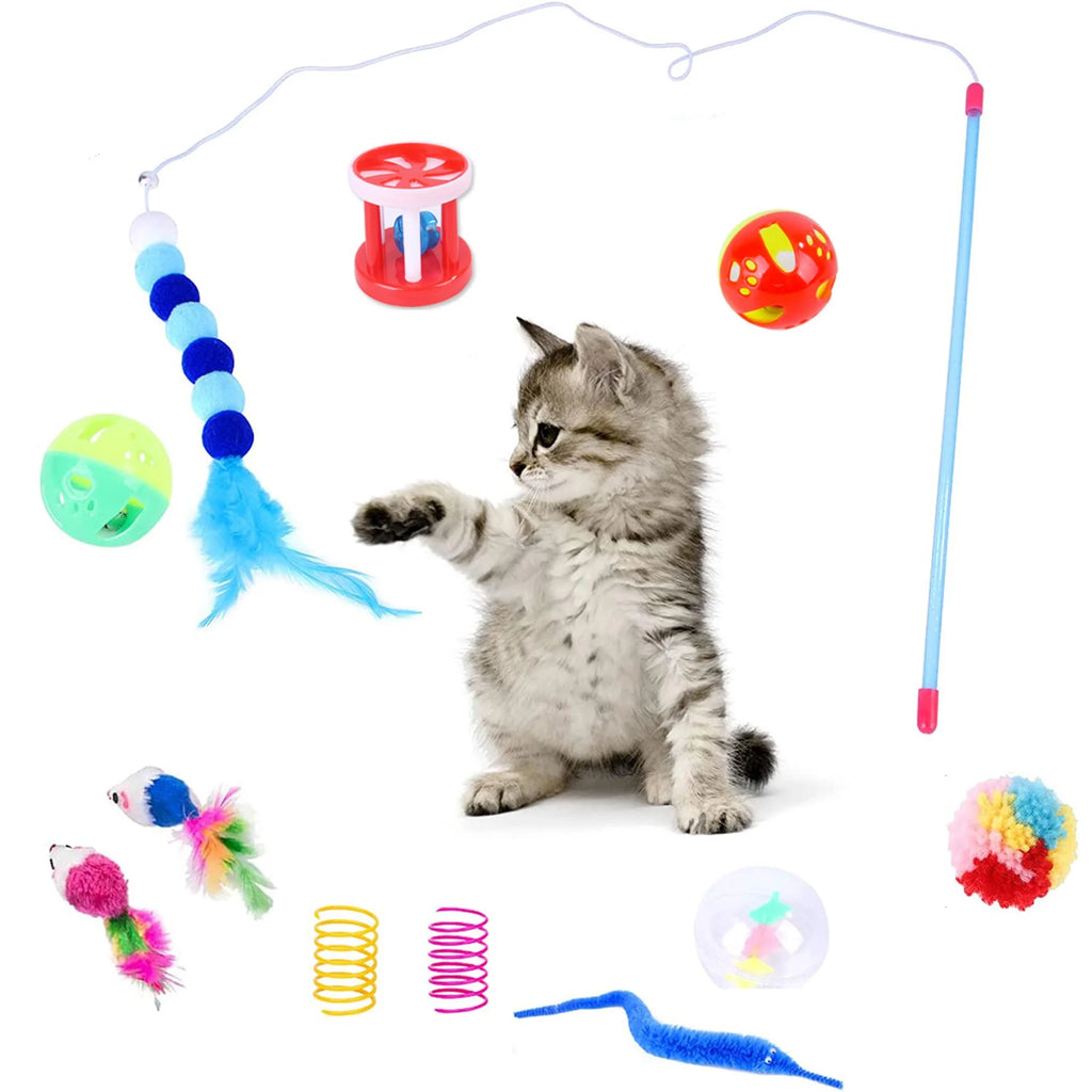 15PCS Cat Toys Kitten Toys Combination Tunnel Interactive Cat Toys- Stick Colorful Mouse Plush Ball 
