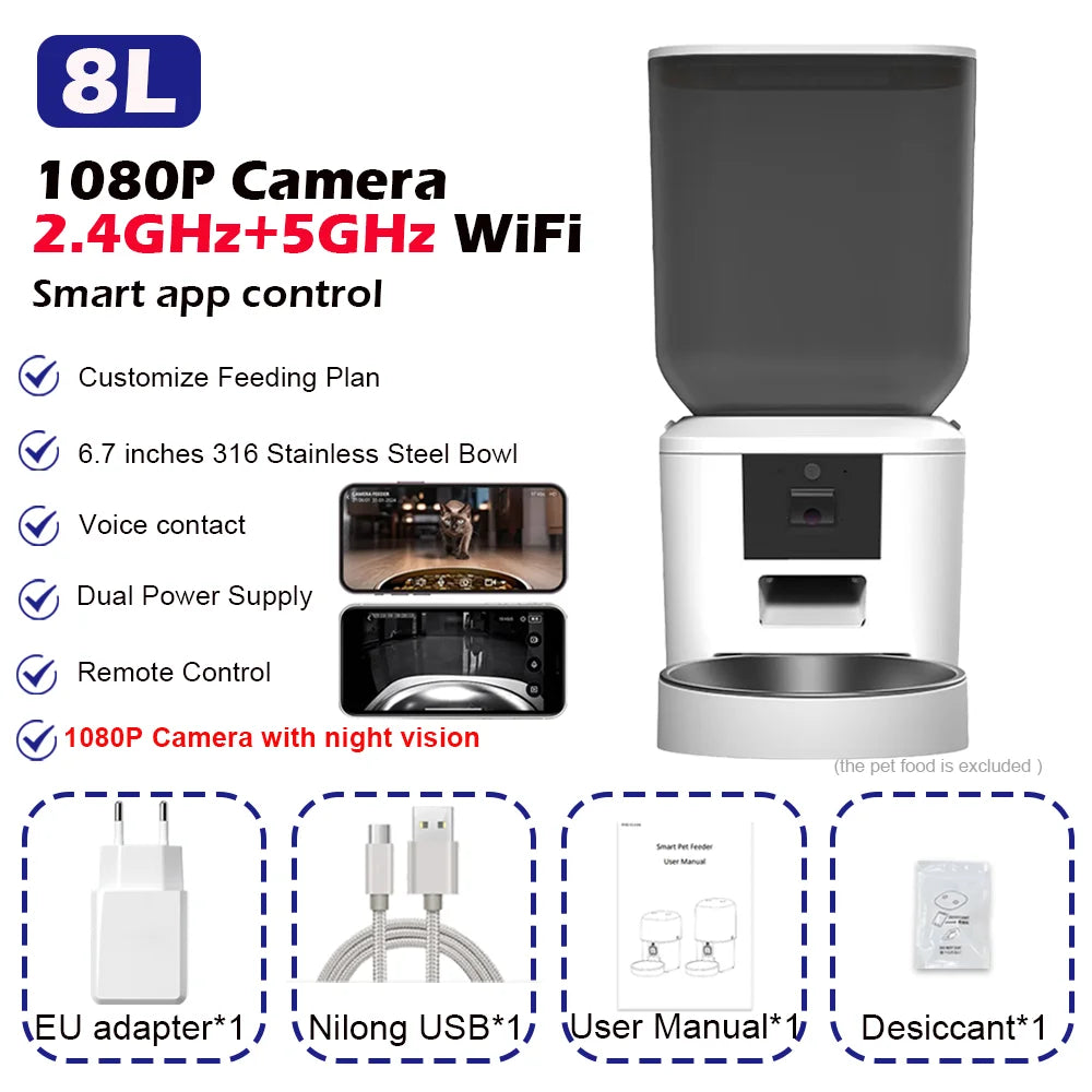 5G Smart Automatic Pet Feeder with 1080P HD Camera, WiFi Control & Voice Recorder