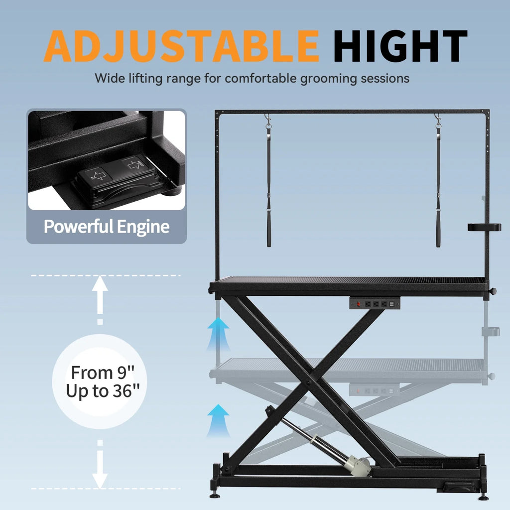 Heavy-Duty Electric Lift Dog Grooming Table with Leveling Wheels & Non-Slip Surface – Black