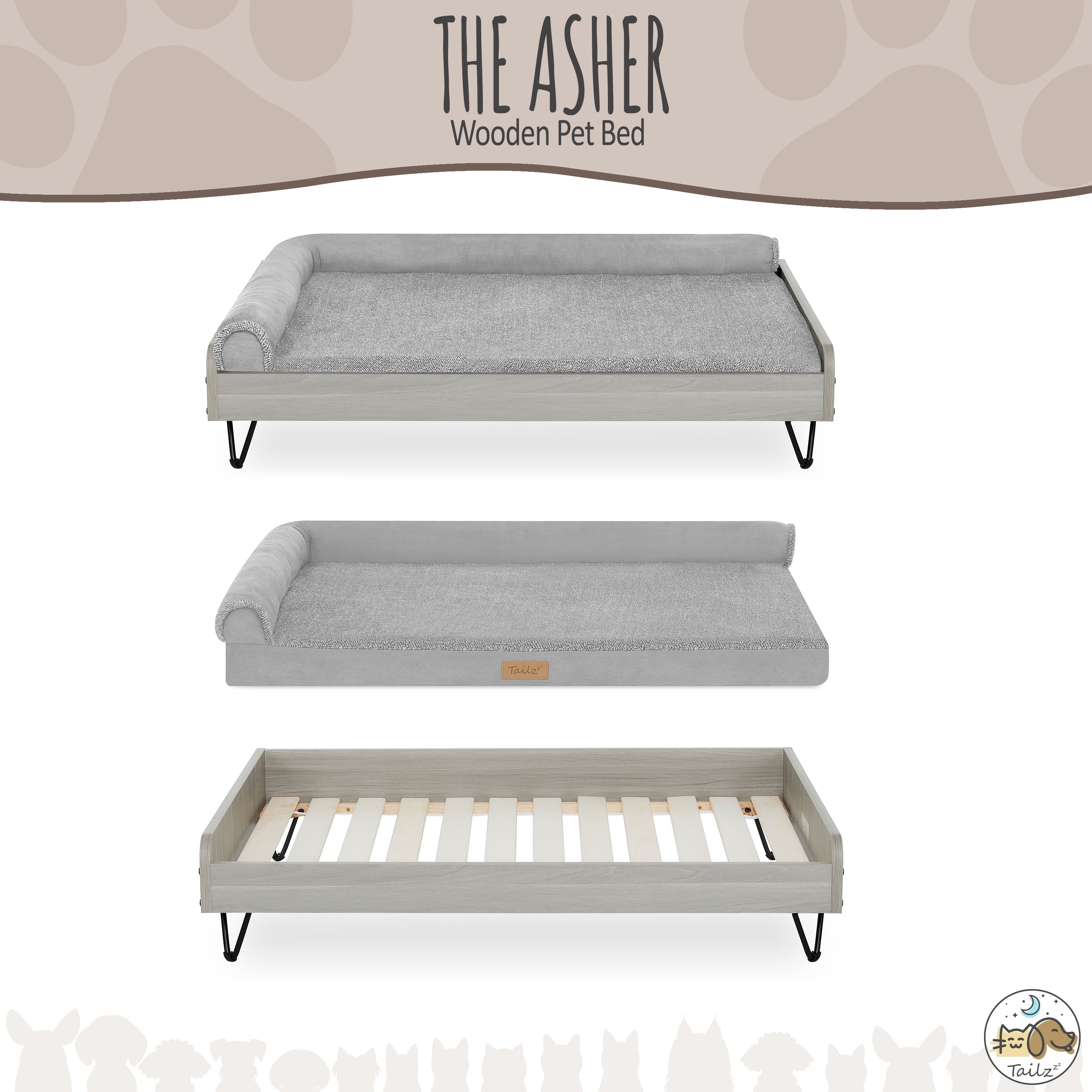 Asher Elevated Wooden Pet Bed with Mattress – Luxury Large & XL Dog Bed | Greenguard Gold Certified Modern Pet Furniture