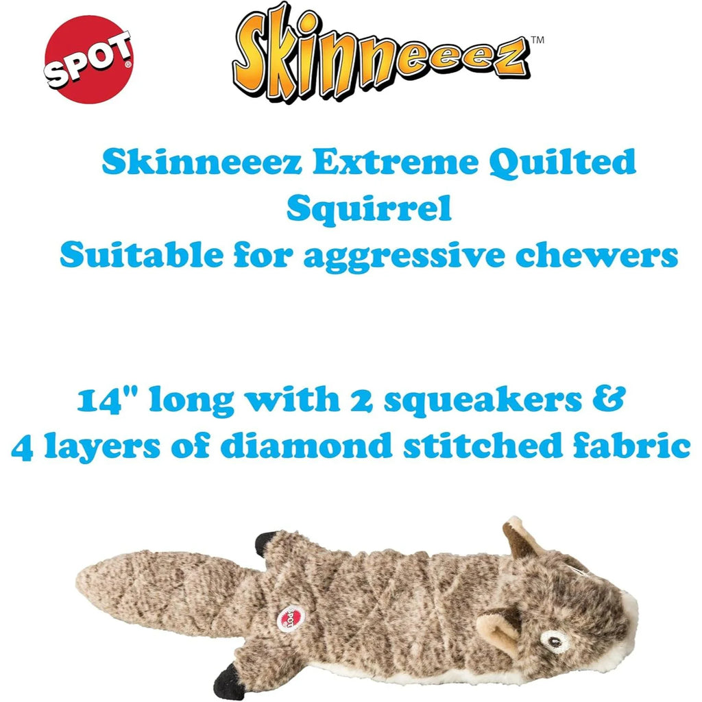 SPOT Skinneeez Extreme Quilted Squirrel Dog Toy – Stuffing-Free Squeaky Plush Toy for Aggressive Chewers | Durable 14” Toy for Small & Medium Dogs