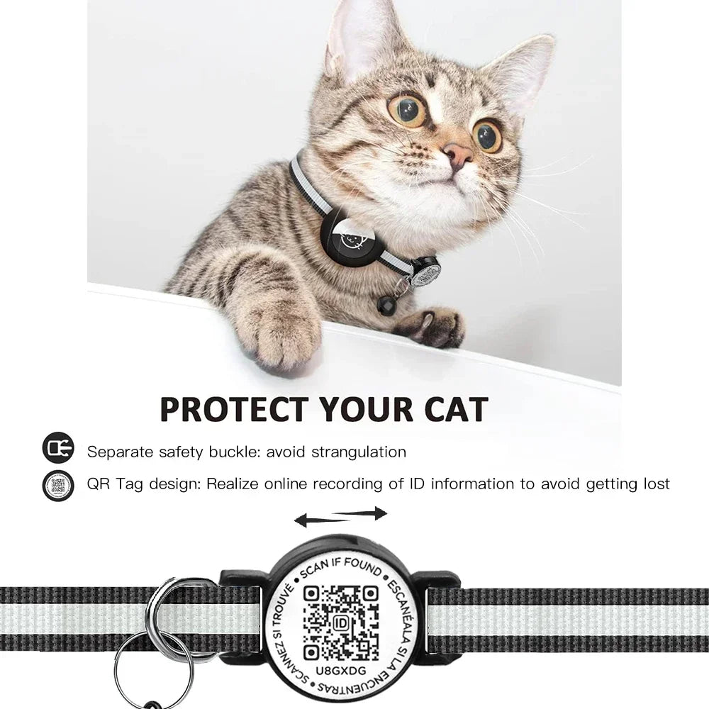 GPS Tracker Cat Collar with QR Name Tag & Airtag Holder, 2 in 1 Protection Reflective Collar for Cats Airtag Case Gatos