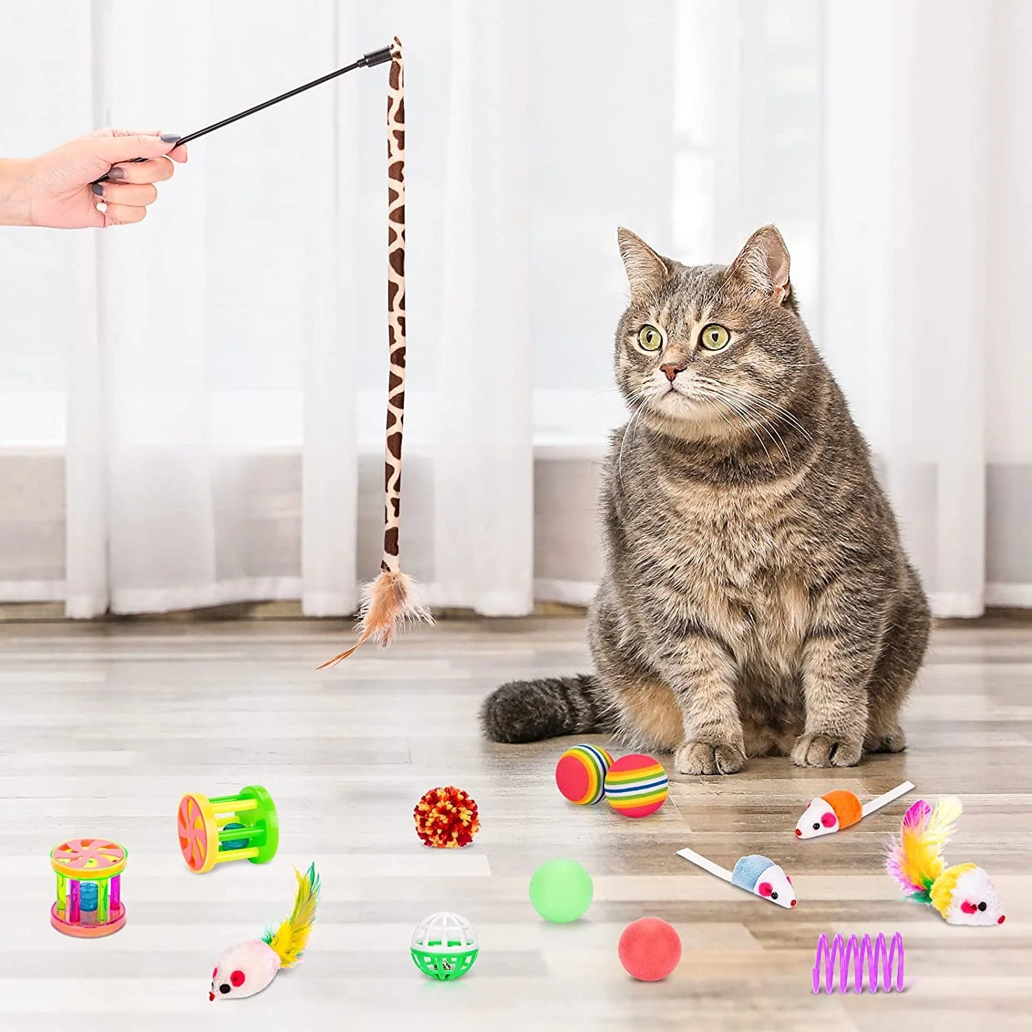 15PCS Cat Toys Kitten Toys Combination Tunnel Interactive Cat Toys- Stick Colorful Mouse Plush Ball 