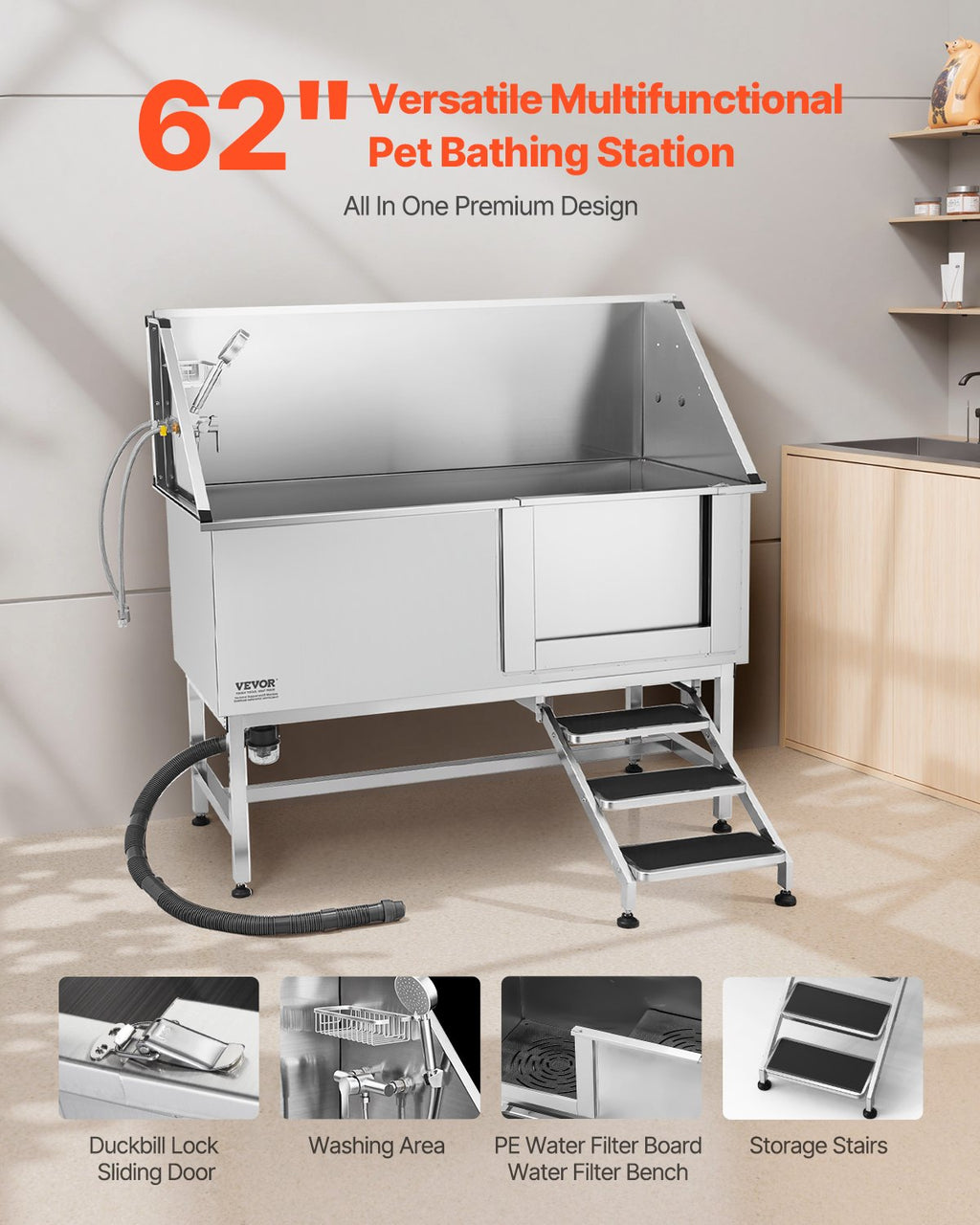 62 Inch Dog Grooming Bath Tub Stainless Steel W Stairs Water Filter