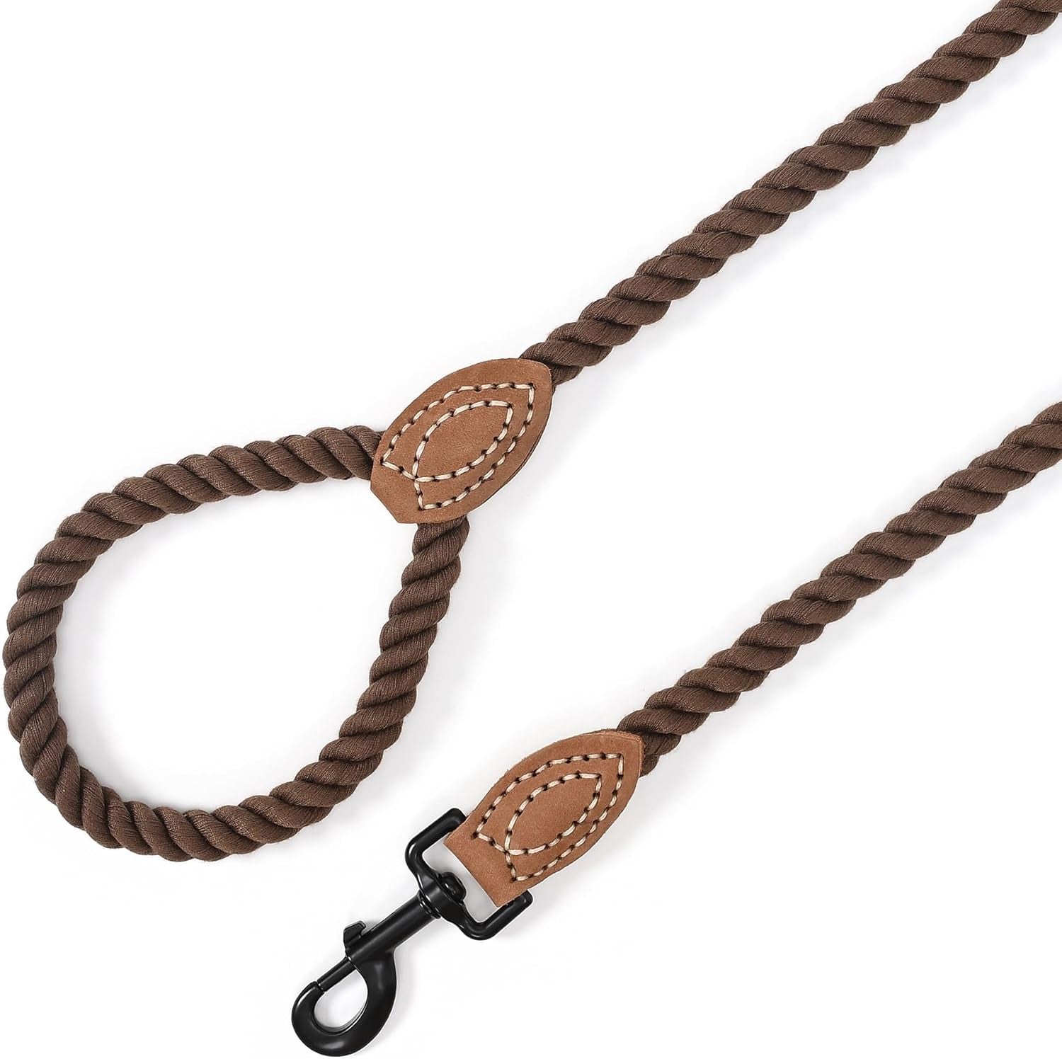 Dog Leash, Braided Cotton Rope Leashes with Leather Tip - Heavy Duty Metal Clasp, 4FT, 1/2" Thick- Dark Brown