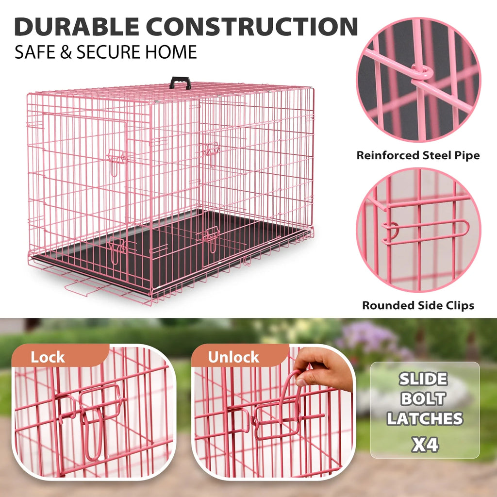 48" Foldable Double-Door Dog Crate – Heavy-Duty Metal Wire Kennel for Large Dogs with Removable Tray (Pink)