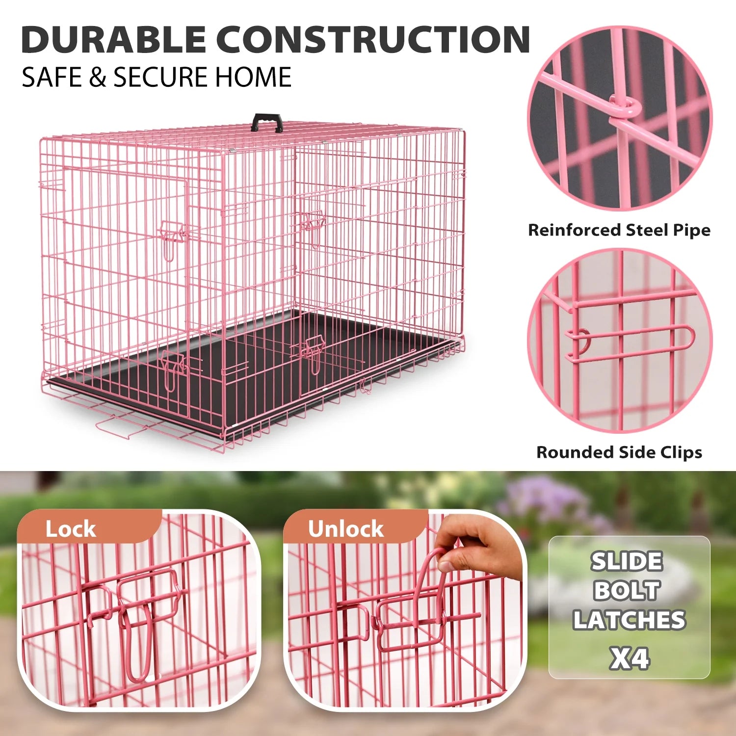 48" Foldable Double-Door Dog Crate – Heavy-Duty Metal Wire Kennel for Large Dogs with Removable Tray (Pink)