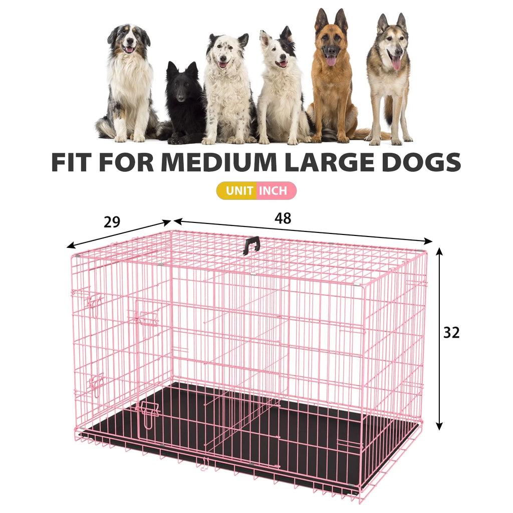 48" Foldable Double-Door Dog Crate – Heavy-Duty Metal Wire Kennel for Large Dogs with Removable Tray (Pink)