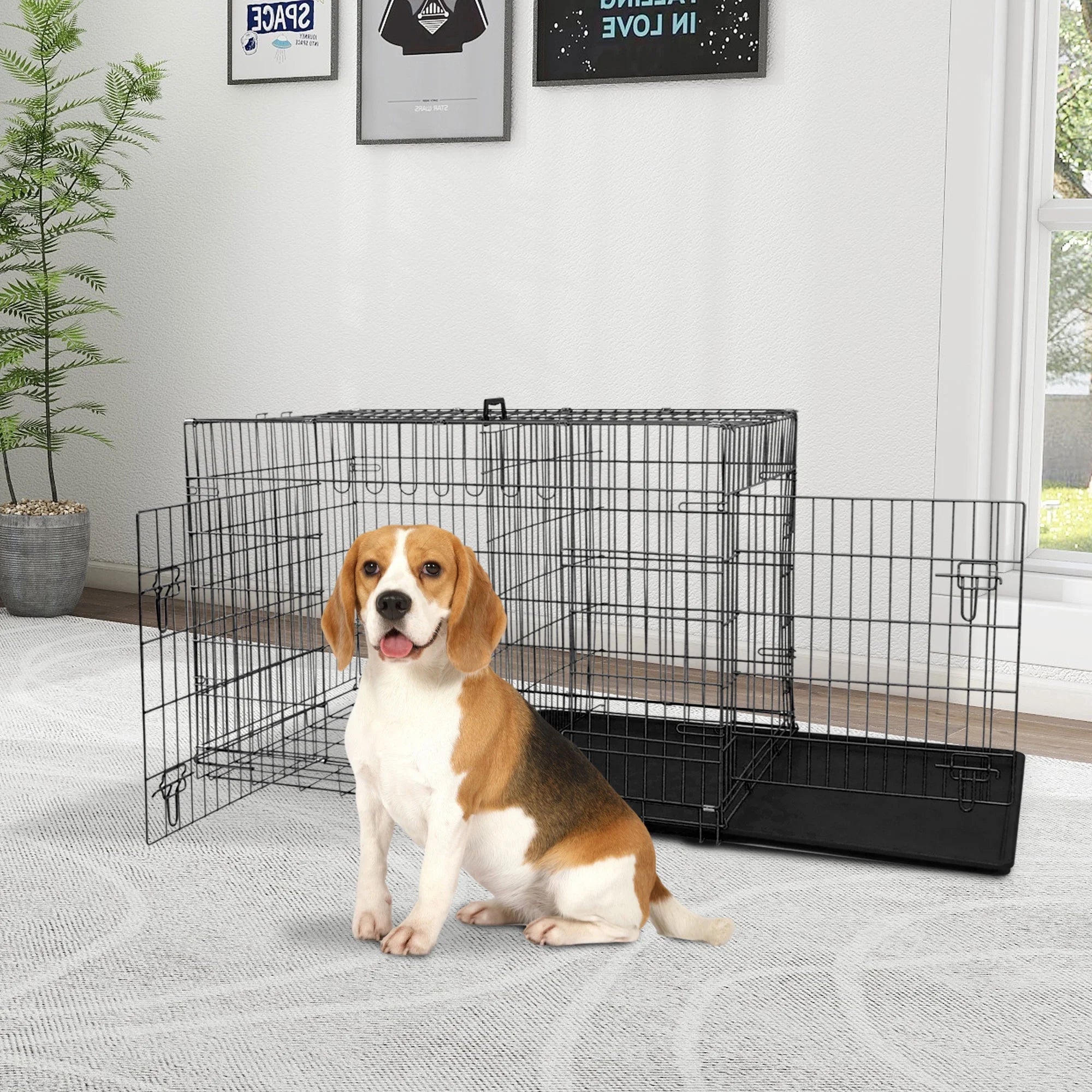 36" Foldable Double-Door Dog Crate – Heavy-Duty Metal Kennel with Removable Tray for Medium Dogs (Black