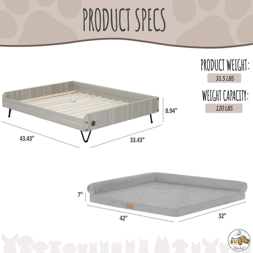 Asher Elevated Wooden Pet Bed with Mattress – Luxury Large & XL Dog Bed | Greenguard Gold Certified Modern Pet Furniture