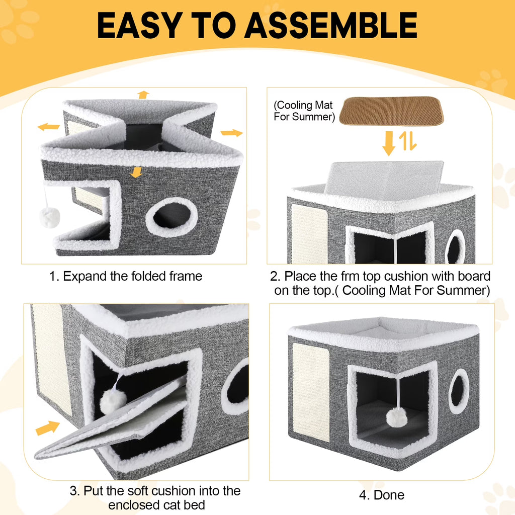 Cat Cube for Indoor Cats with Cooling Mat & Storage Pocket, Foldable Cat House Condo with Scratch Pad and Hanging Ball, Grey