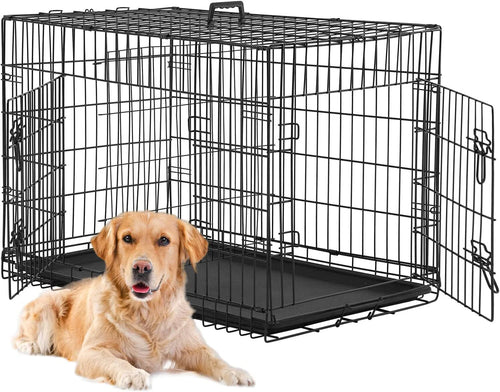 24 Inch Black Foldable Metal Double Door Dog Crate with Divider Removable Tray for Small Dogs