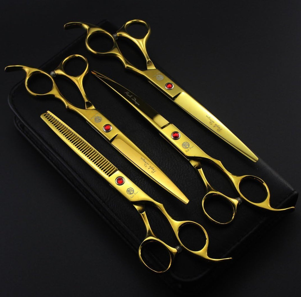Professional 7.0 Inch 4PCS Pet Grooming Scissors Kit Japan Premium Steel Straight & Curved & Thinning Blade Dog Hair Cutting Shears Set with Case