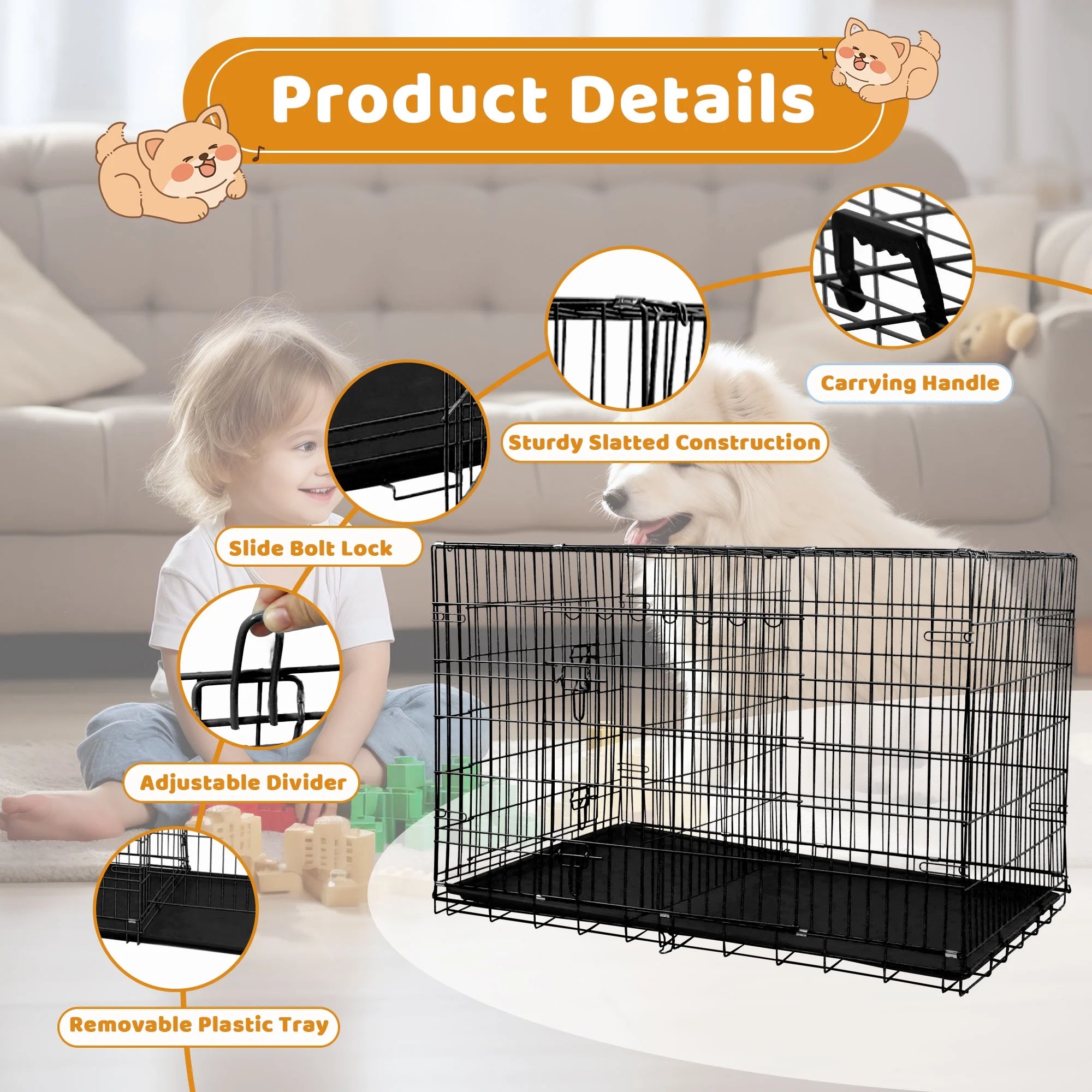 36" Foldable Double-Door Dog Crate – Heavy-Duty Metal Kennel with Removable Tray for Medium Dogs (Black