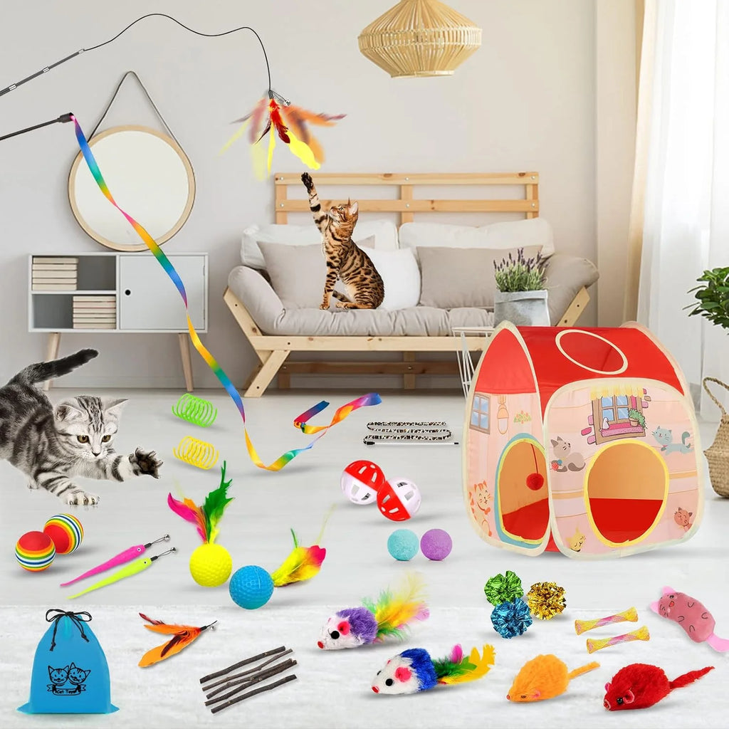 34-Piece Interactive Cat Toy Set with Tunnel, Tent, Wand & Feather Teasers