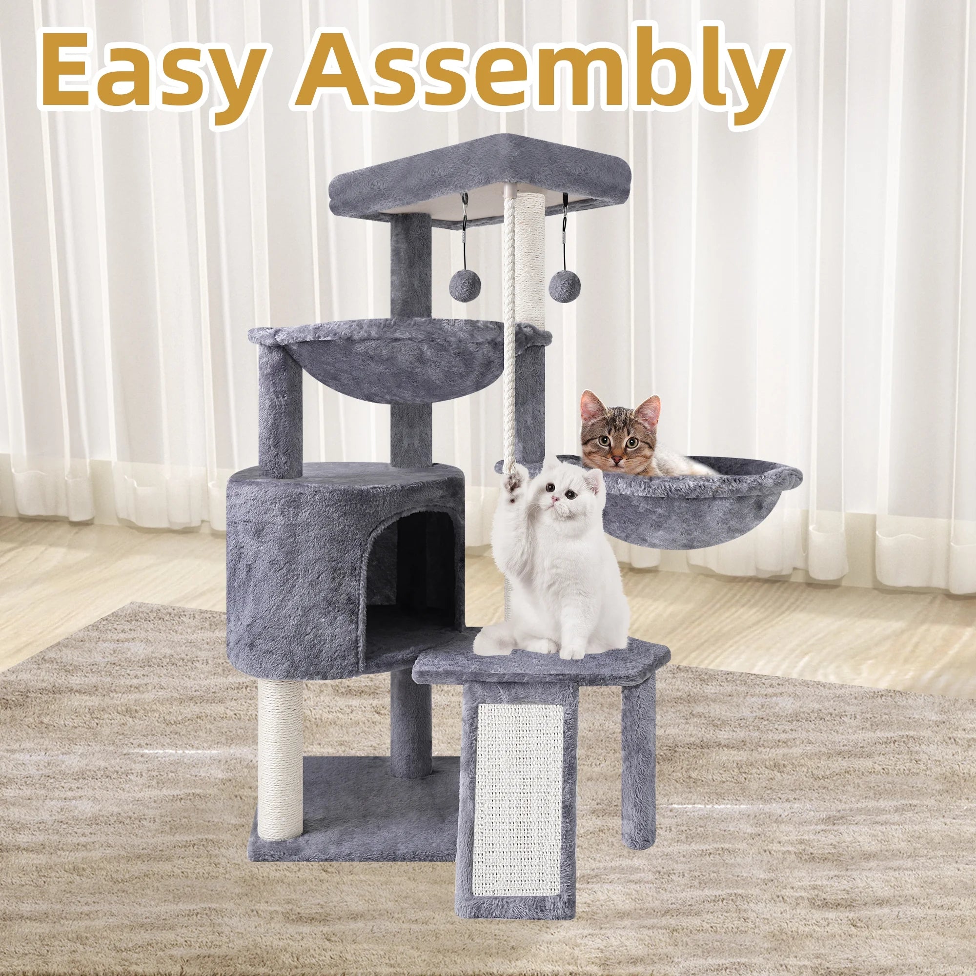 Cat Activity Tower with Condo, Climbing Platforms & Two Hammocks – 37.4 Inch Gray