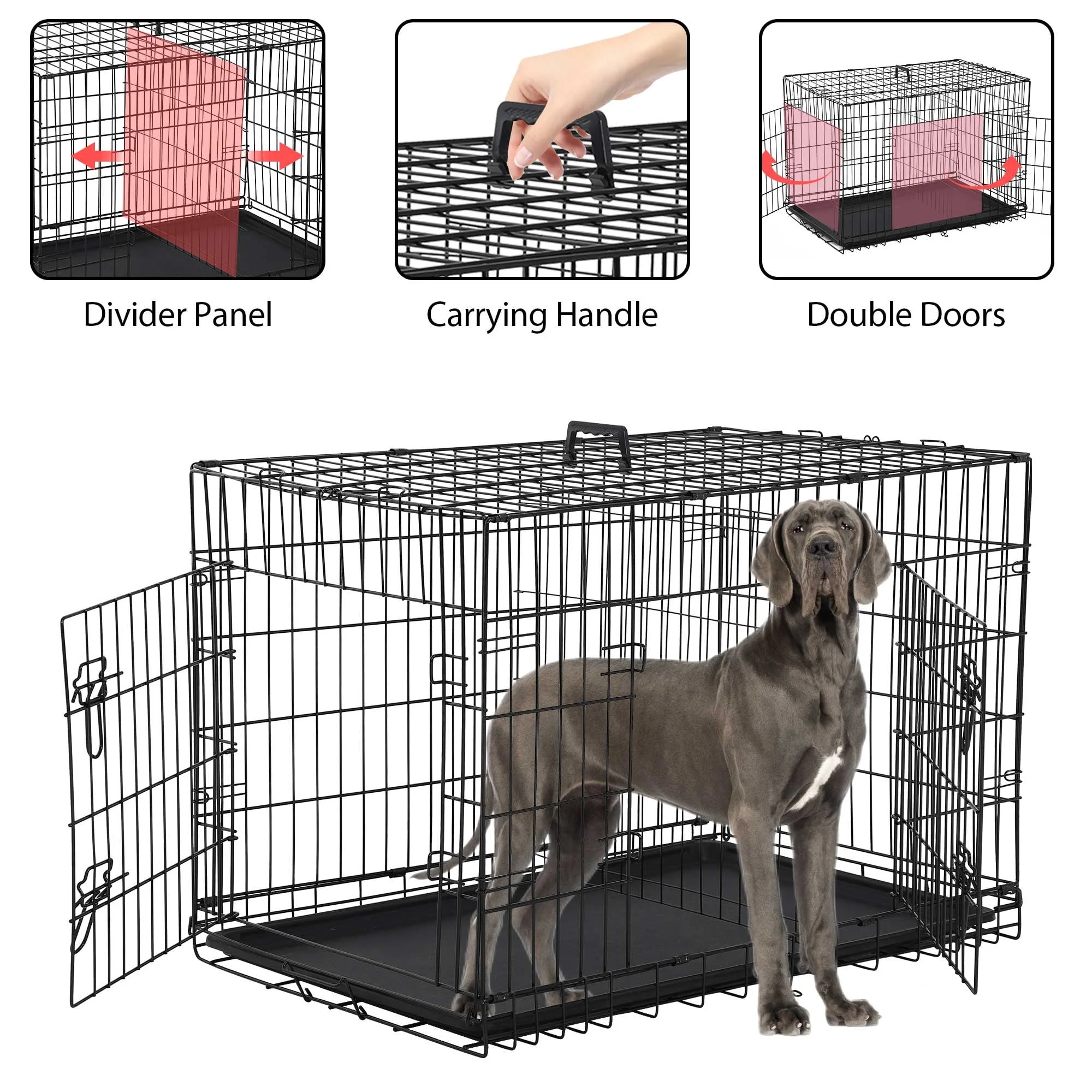 48" Foldable Double-Door Dog Crate – Heavy-Duty Metal Kennel with Removable Tray for Medium & Large Dogs (Black)