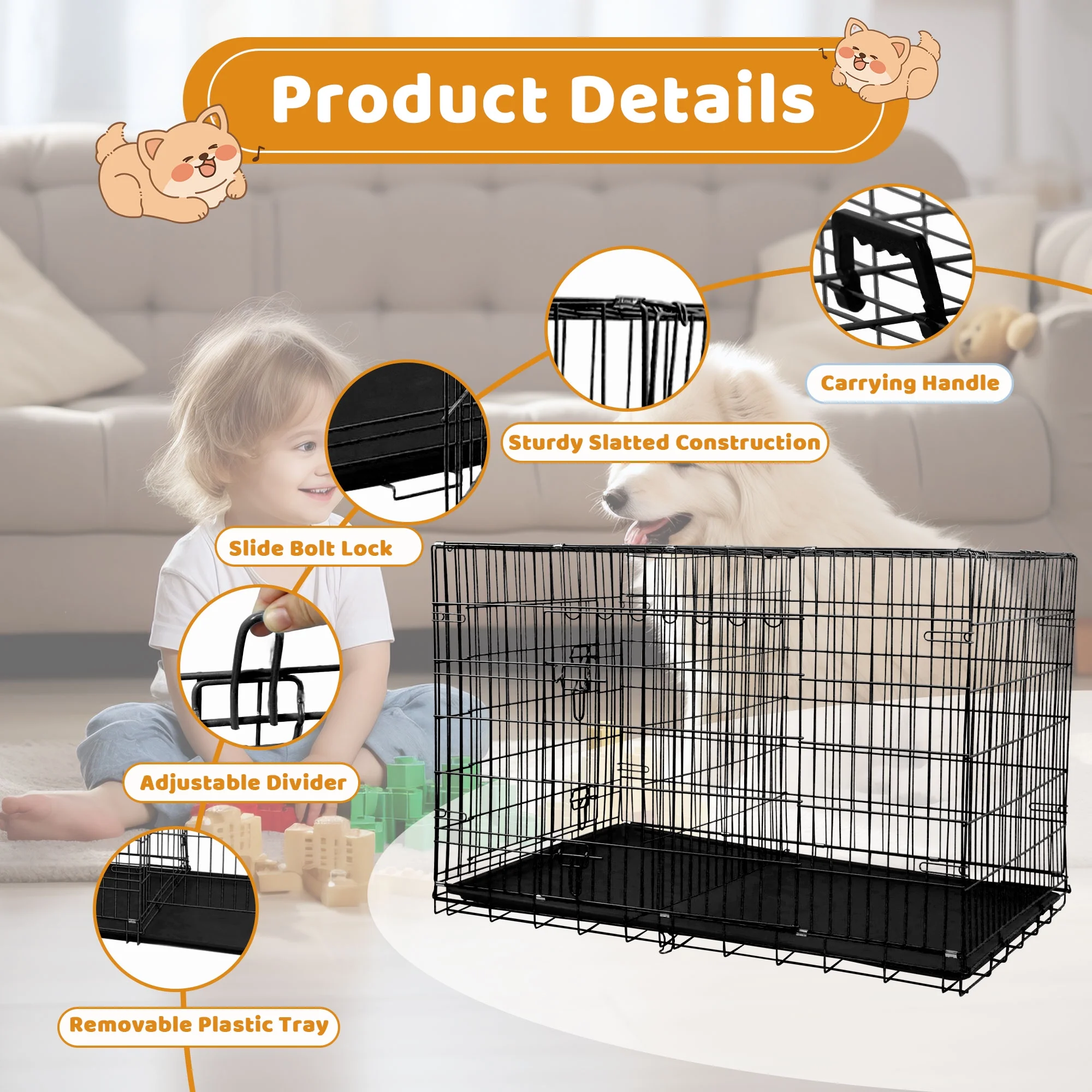 48" Foldable Double-Door Dog Crate – Heavy-Duty Metal Kennel with Removable Tray for Medium & Large Dogs (Black)