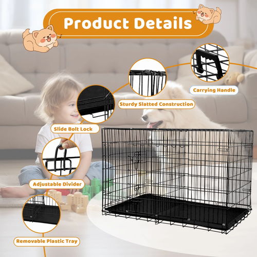 48" Foldable Double-Door Dog Crate – Heavy-Duty Metal Kennel with Removable Tray for Medium & Large Dogs (Black)