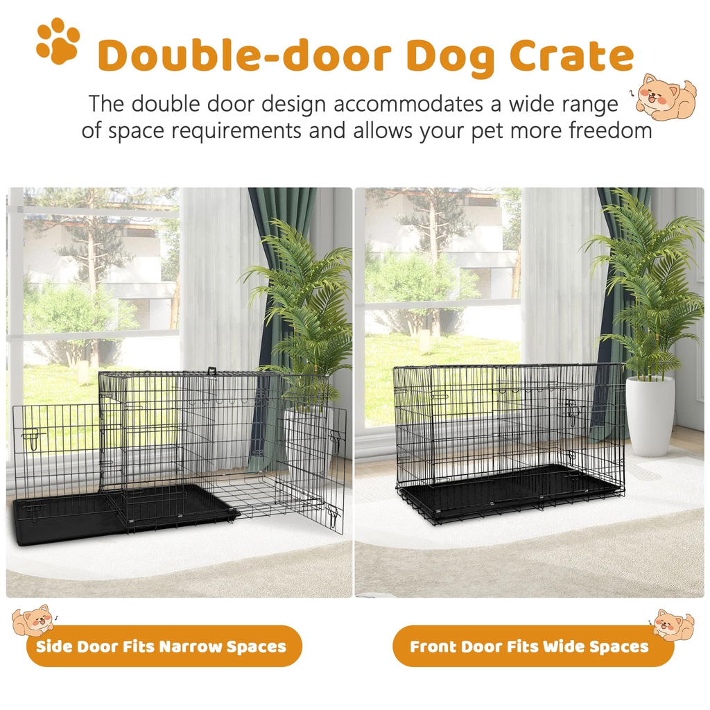 48" Foldable Double-Door Dog Crate – Heavy-Duty Metal Kennel with Removable Tray for Medium & Large Dogs (Black)