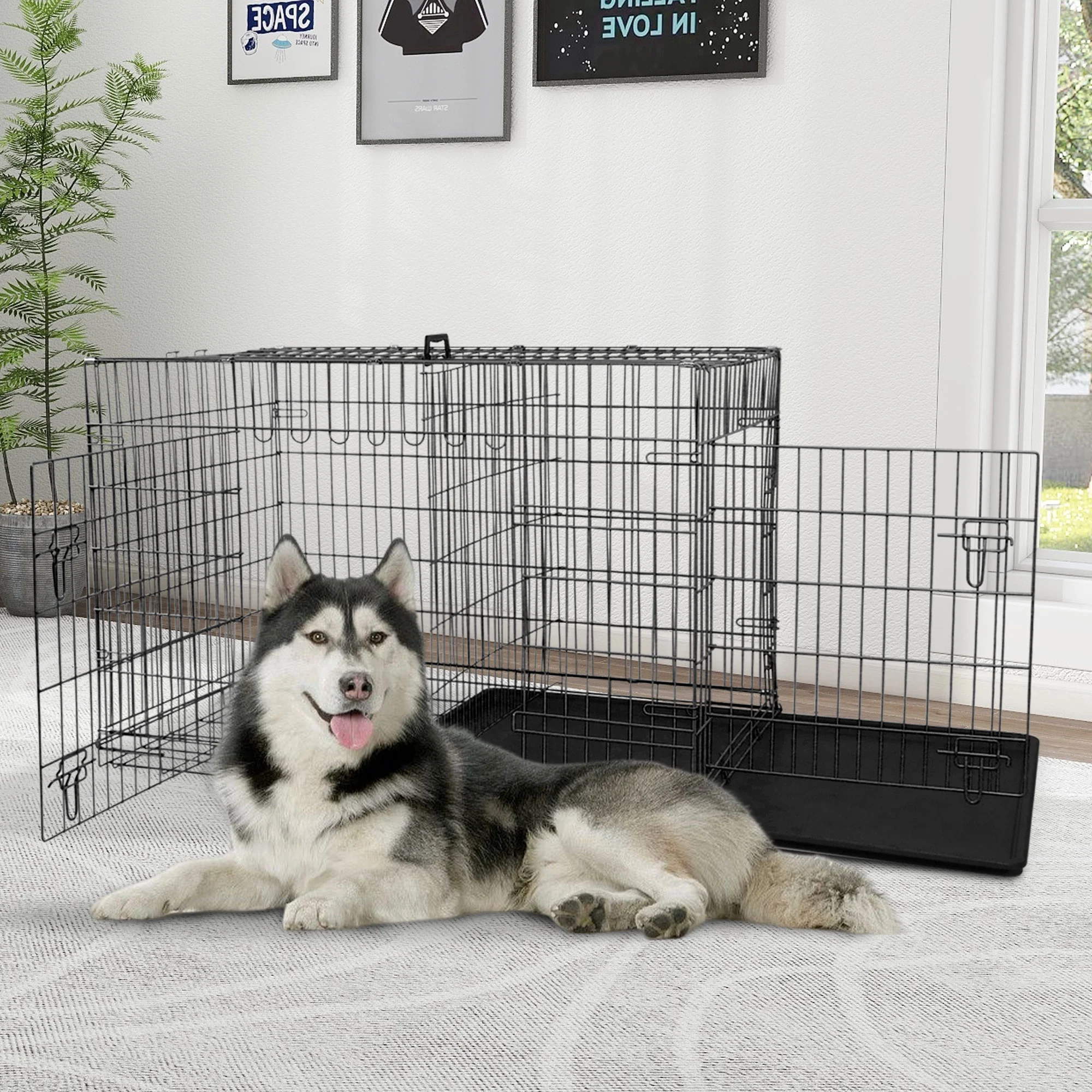 48" Foldable Double-Door Dog Crate – Heavy-Duty Metal Kennel with Removable Tray for Medium & Large Dogs (Black)