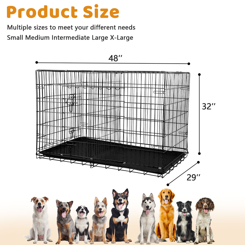 48" Foldable Double-Door Dog Crate – Heavy-Duty Metal Kennel with Removable Tray for Medium & Large Dogs (Black)