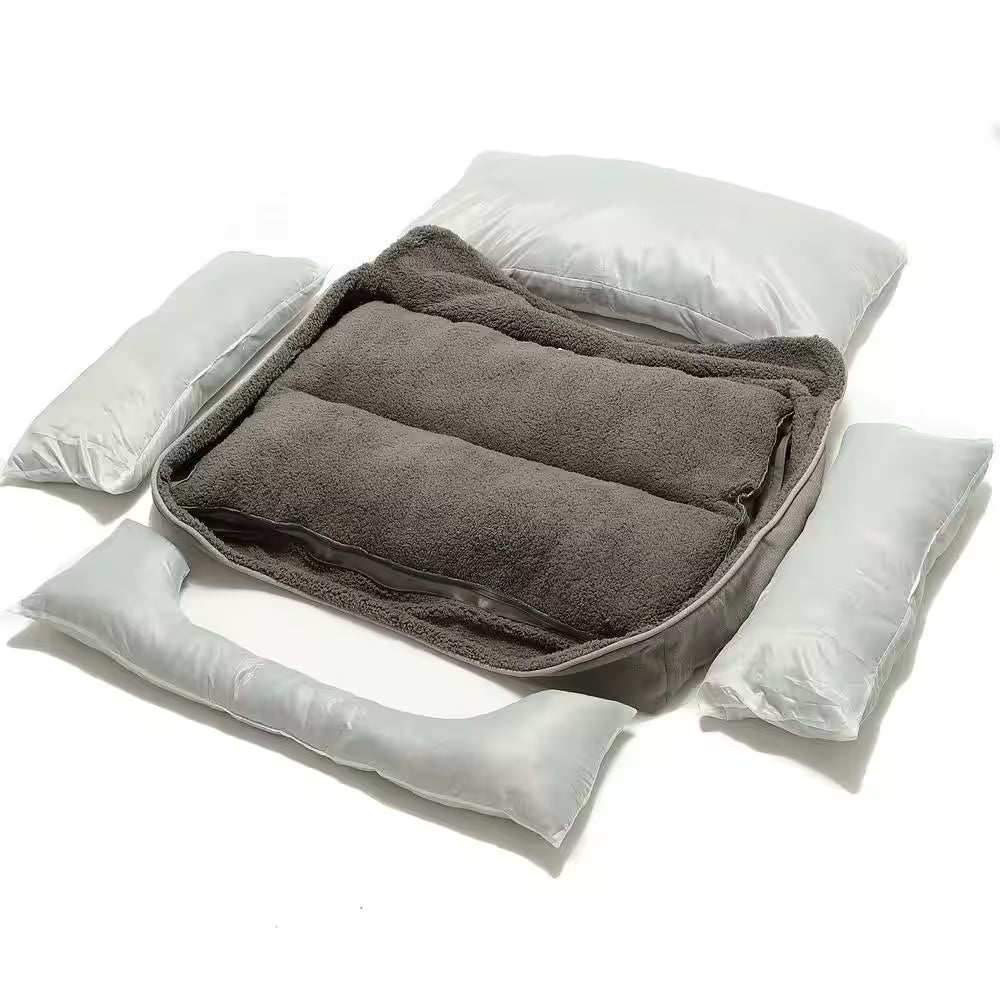 Washable Large Grey Dog Bed with Bolster