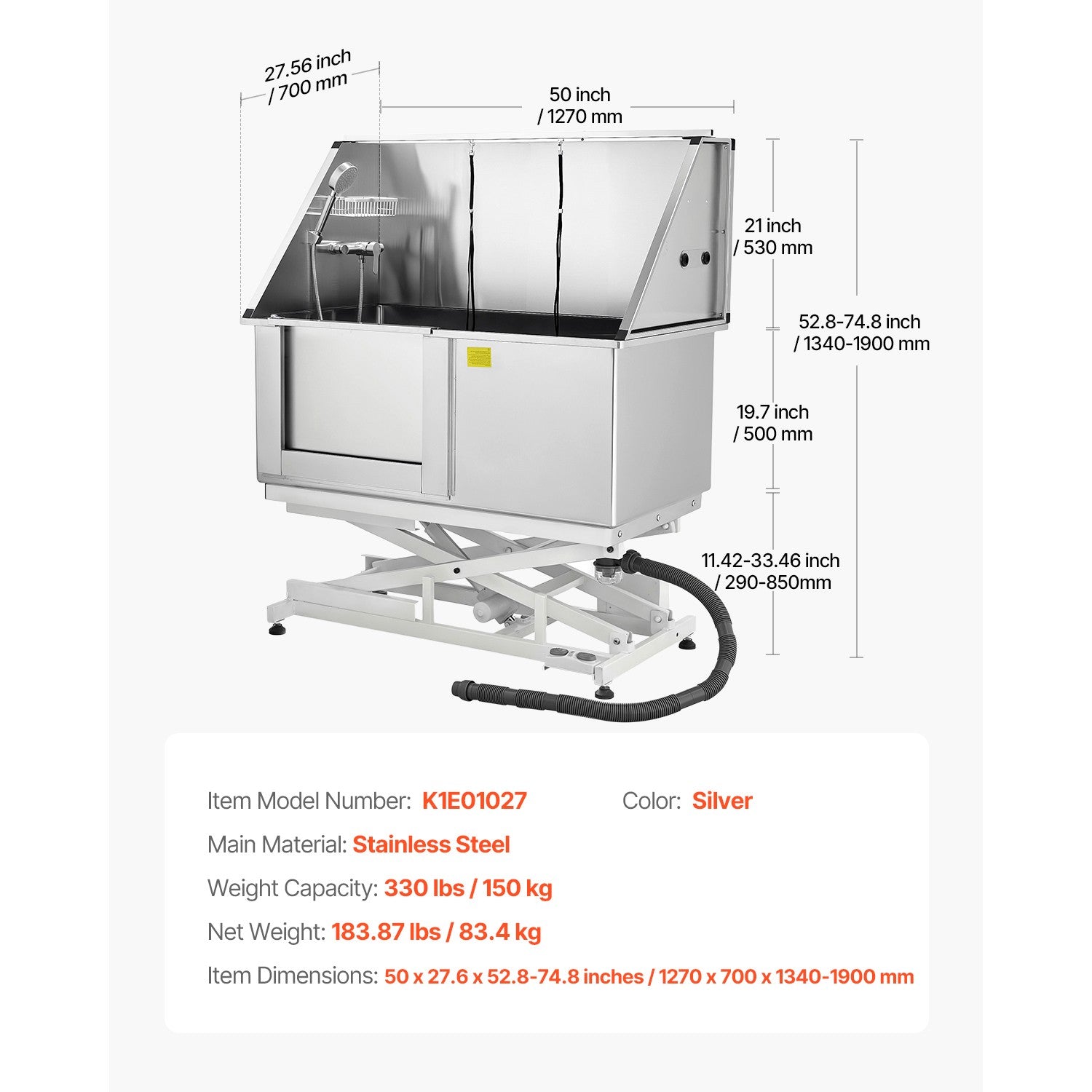 Uimoso 50" Electric Pet Dog Grooming Tub Stainless Steel with Water Filter