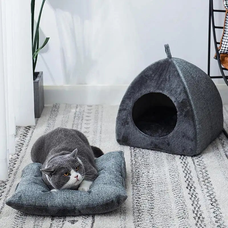 Cozy Cat & Dog Cave Bed – Warm Foldable Pet House with Washable Fluffy Cushion | Soft Indoor Tent Bed for Cats & Small Dogs