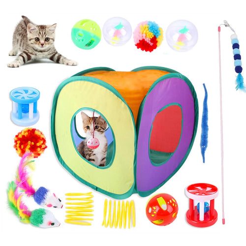 15PCS Cat Toys Kitten Toys Combination Tunnel Interactive Cat Toys- Stick Colorful Mouse Plush Ball 