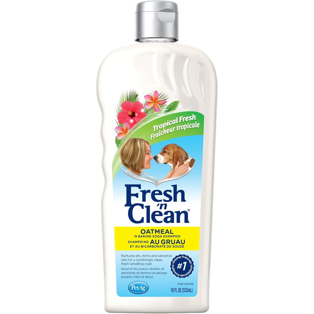 Fresh ’N Clean Oatmeal ’N Baking Soda Shampoo - Tropical Fresh Scent - 18 Oz - Nurtures Dry, Itchy & Sensitive Skin with Vitamin E & Aloe - Strengthens & Repairs Coats - Soap Free