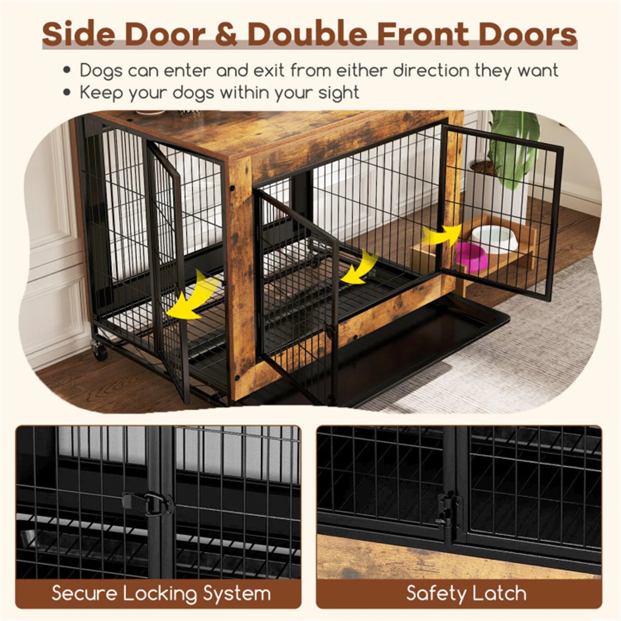 35" Dog Crate Rustic Style Furniture Dog Cage Crate with Double Doors and Lift Top Heavy-Duty Kennel, Brown
