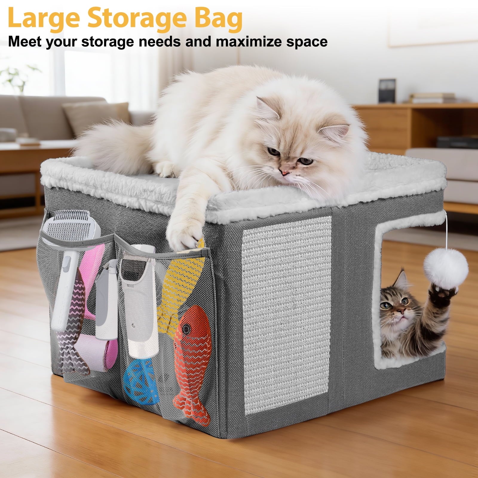 Cat Cube for Indoor Cats with Cooling Mat & Storage Pocket, Foldable Cat House Condo with Scratch Pad and Hanging Ball, Grey