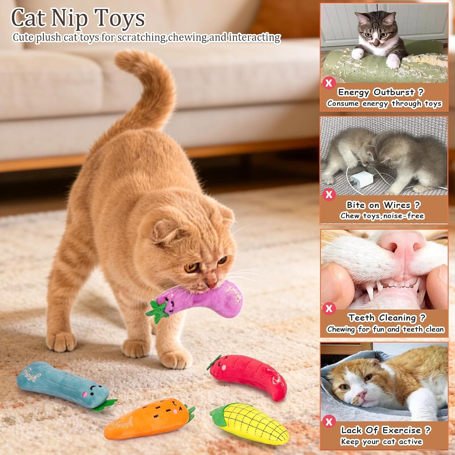 5-Pack Catnip Plush Cat Toys – Carrot-Shaped Interactive Toys for Indoor Cats