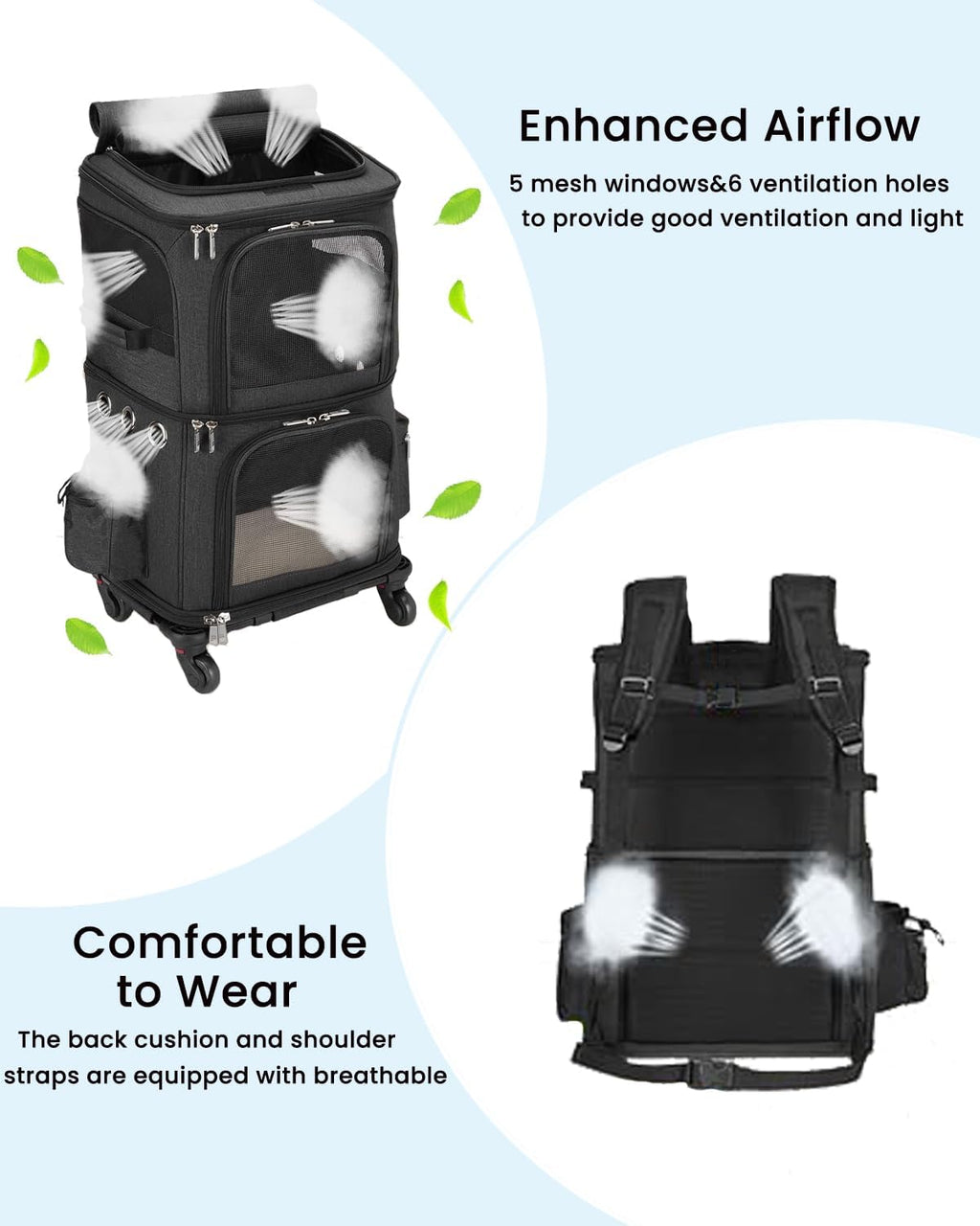 2-in-1 Rolling Pet Carrier Backpack – Double-Compartment Travel Carrier for Cats & Small Dogs