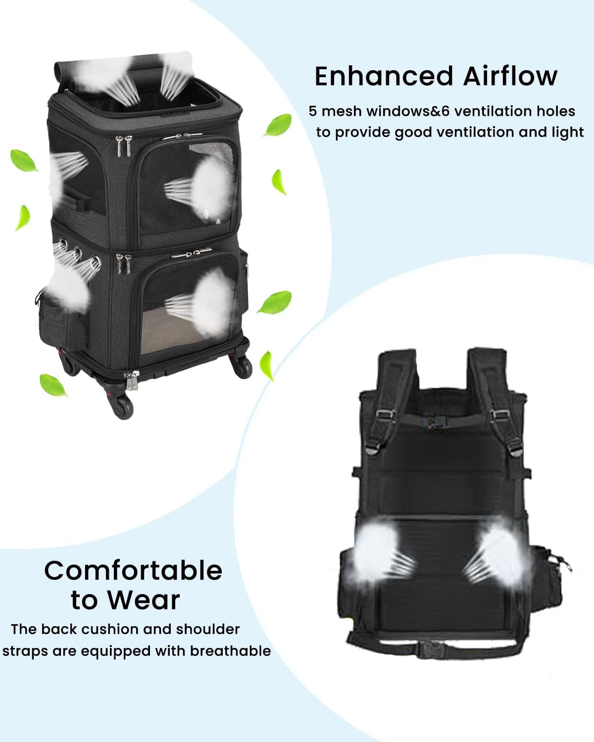 2-in-1 Rolling Pet Carrier Backpack – Double-Compartment Travel Carrier for Cats & Small Dogs