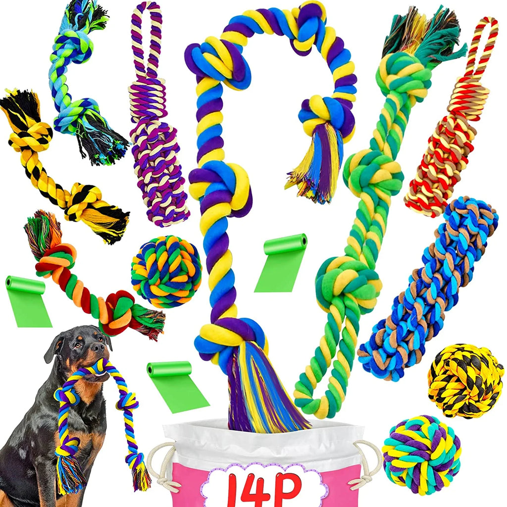 14-Pack XL Dog Chew Toys for Aggressive Chewers – Tough Rope & Teething Toys for Large Dogs | Durable Heavy-Duty Cotton Toy Set