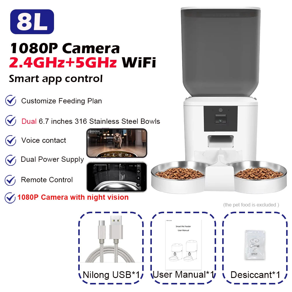5G Smart Automatic Pet Feeder with 1080P HD Camera, WiFi Control & Voice Recorder