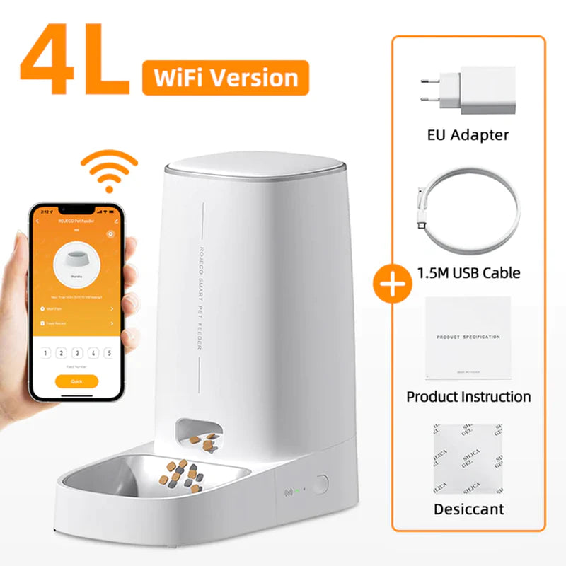 ROJECO Smart Automatic Pet Feeder – WiFi Remote-Control Food Dispenser for Cats & Dogs